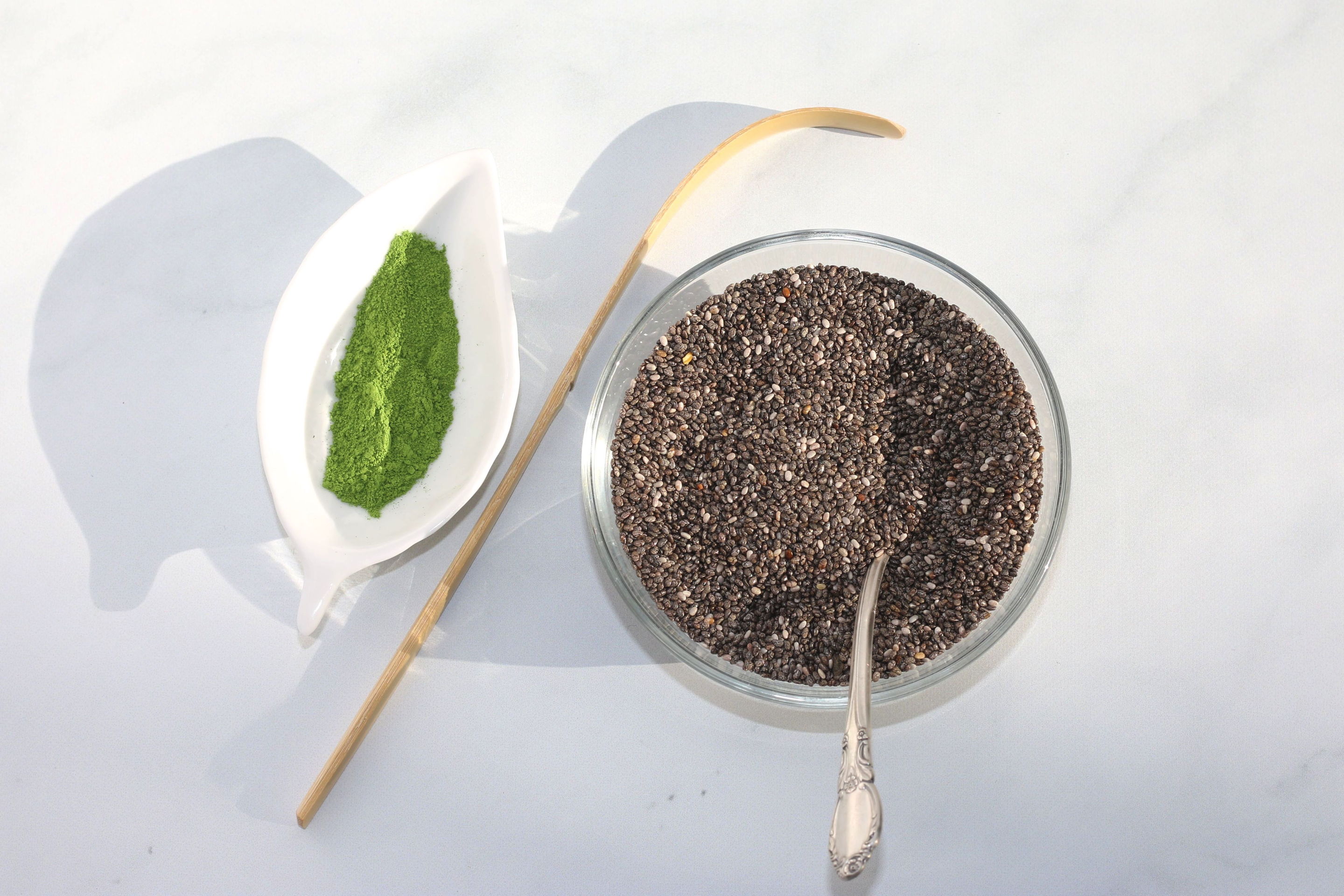 Green tea matcha powder and chia seeds